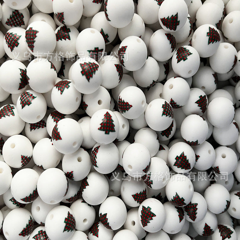 Wholesale 50pcs DIY Christmas Snowman Christmas Tree Printing 15mm Silicone Beads